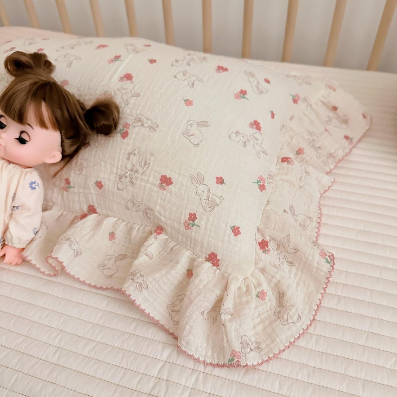 BuLuTu Rabbit Floral Toddler Pillowcase Muslin Cotton Kids Pillow Case Standard Size, 20"x26", Soft