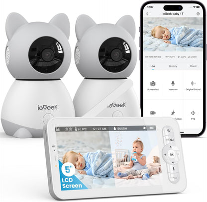 ieGeek Baby Monitor with 2 Cameras, 5" Large Screen Split-Screen Video Baby Monitor | 2K HD