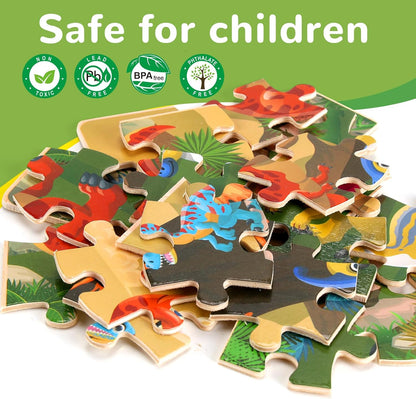 Wooden Puzzles Dinosaur Toys for Kids Ages 3-5, Set of 4 Packs with 20-Piece Wood Jigsaw Puzzles