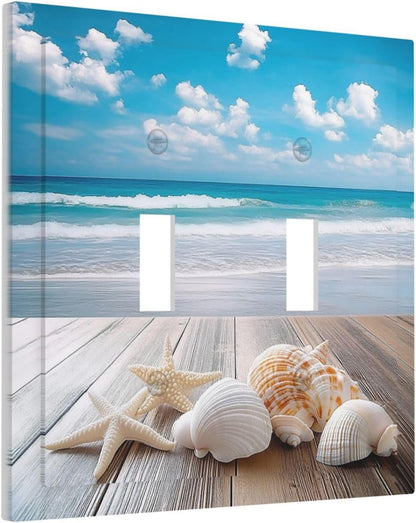Decorative Switch Plates Beach Waves Brown Wood Starfish Shells 2 Gang Double Toggle Outlet Light