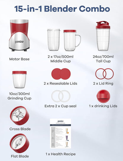 Ganiza Smoothie Blender, 900W Blenders for Shakes and Smoothies, 15-Piece Personal Blender and