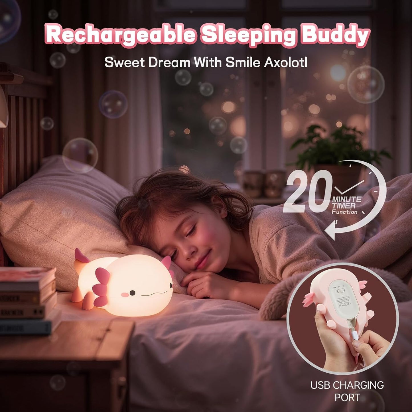 Axolotl Night Light for Kids, Cute Axolotl Lamp Silicone Baby Nursery Night Lamp, Dimmable Squishy