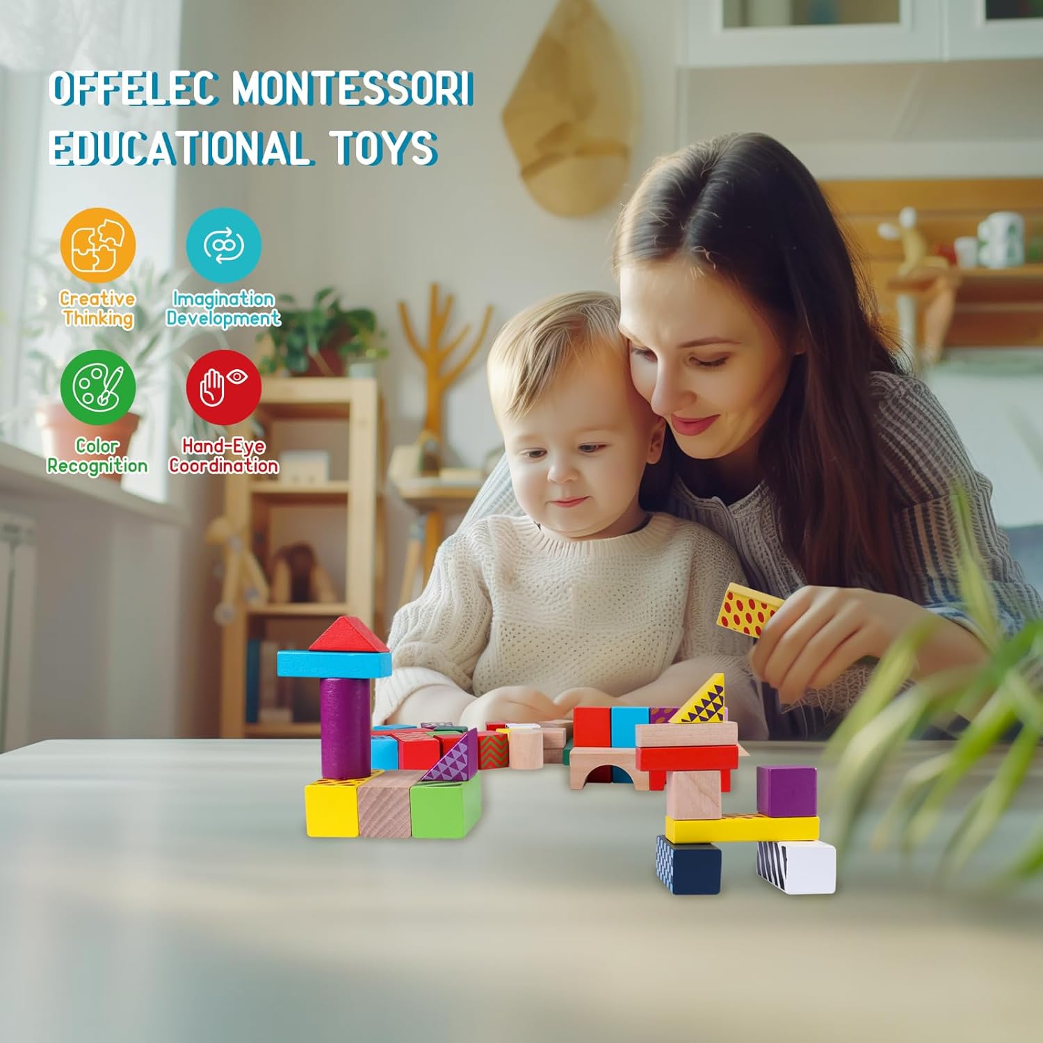 Wooden Building Blocks for Toddlers 1-3, Montessori Shape Sorting & Stacking Toys, 50 Pcs Colored