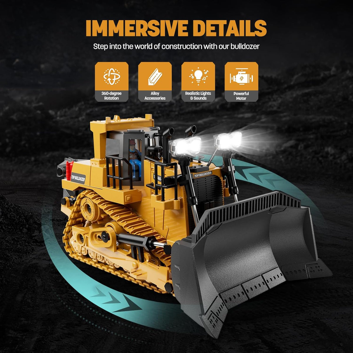 9-Channel Metal RC Bulldozer - Realistic Remote Control Kids Construction Play Toys with Lights and