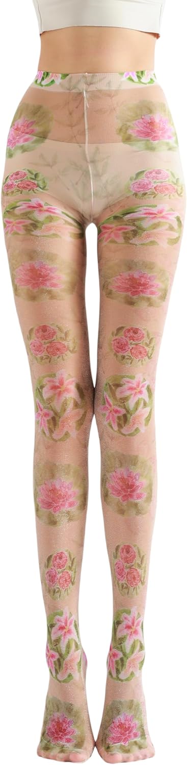 Sahabowi Women's Sheer Fashion Digital Print Fashions Stockings Metallic Silver Tights 1