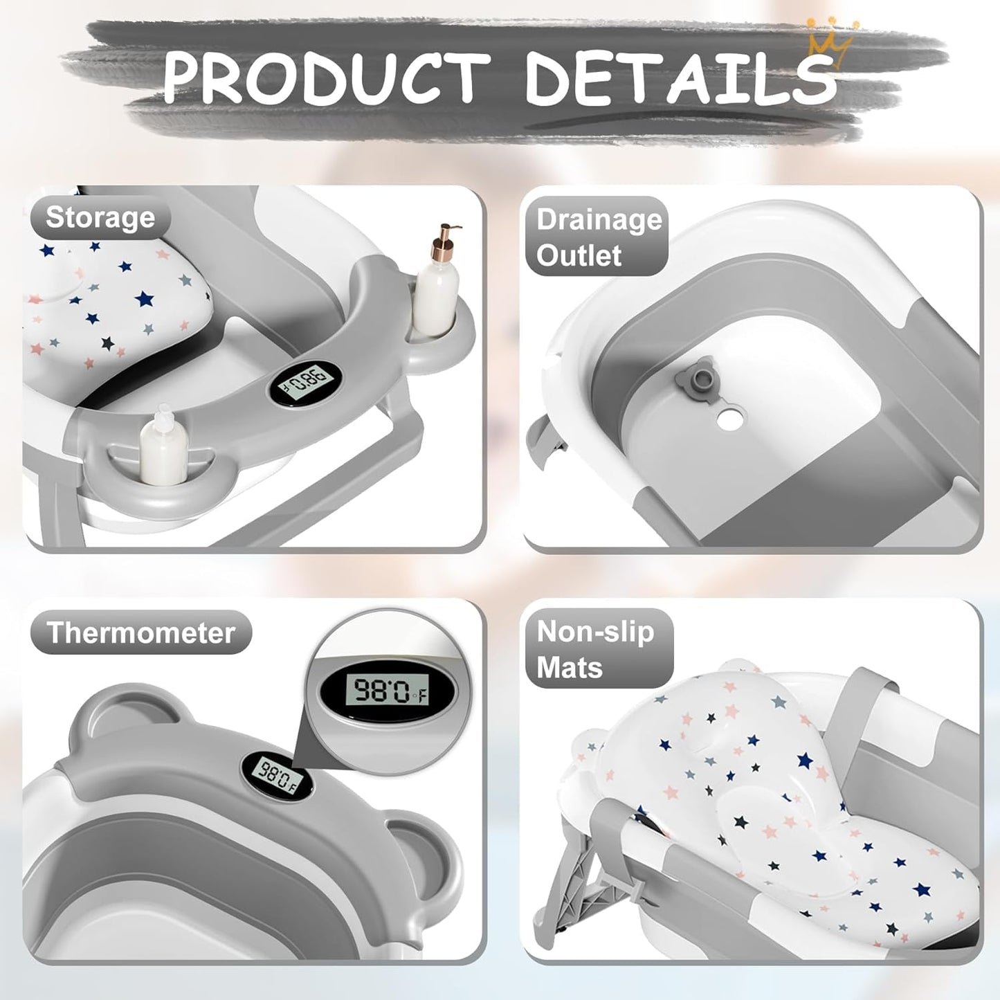 TPN Collapsible Baby Bathtub, Baby Bath Tub with Soft Cushion & Real-Time Thermometer, Baby Bathtub