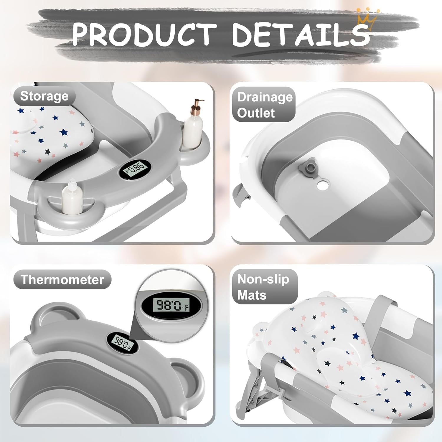TPN Collapsible Baby Bathtub, Baby Bath Tub with Soft Cushion & Real-Time Thermometer, Baby Bathtub