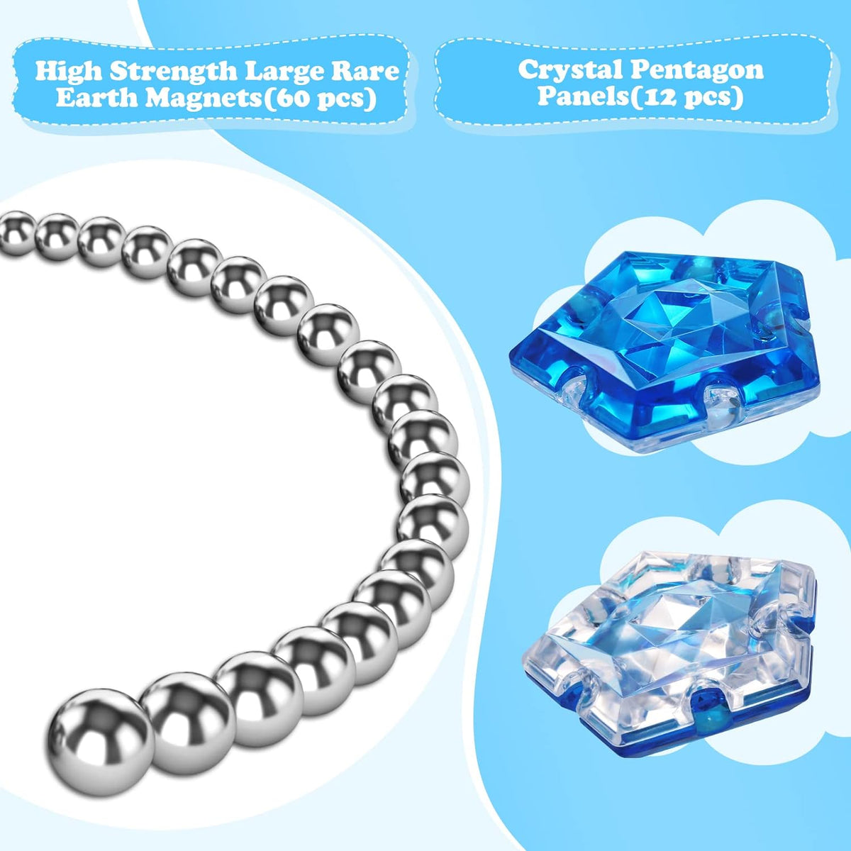RoomyRoc Magnetic Fidget Sphere - Pentagons Magnets Balls - 12 Piece Set - Crystal Blue - Magnet