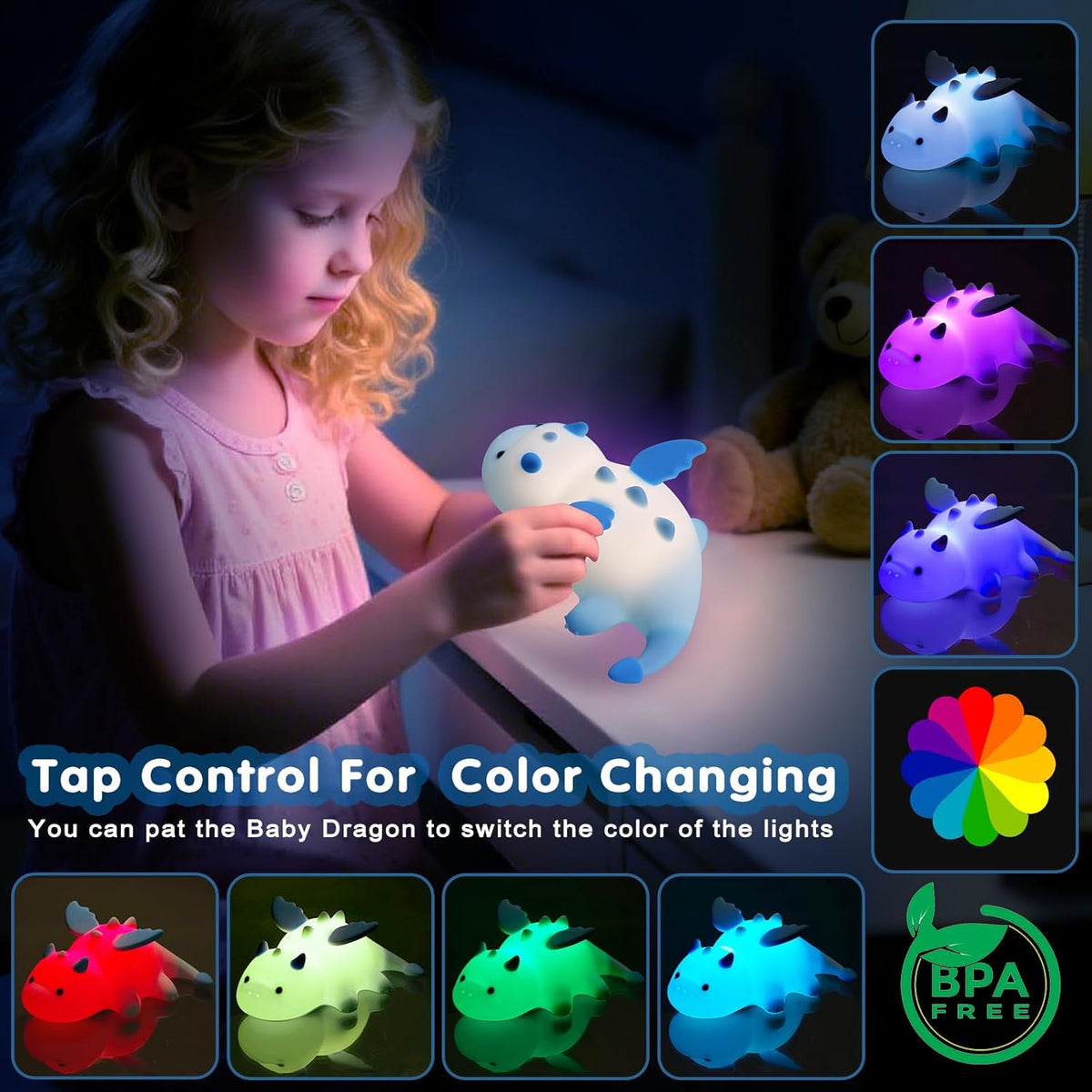 Cute Baby Dragon Kids Night Light for Kids,Cute Soft Silicone Lamp 3 Level Dimmable Changing