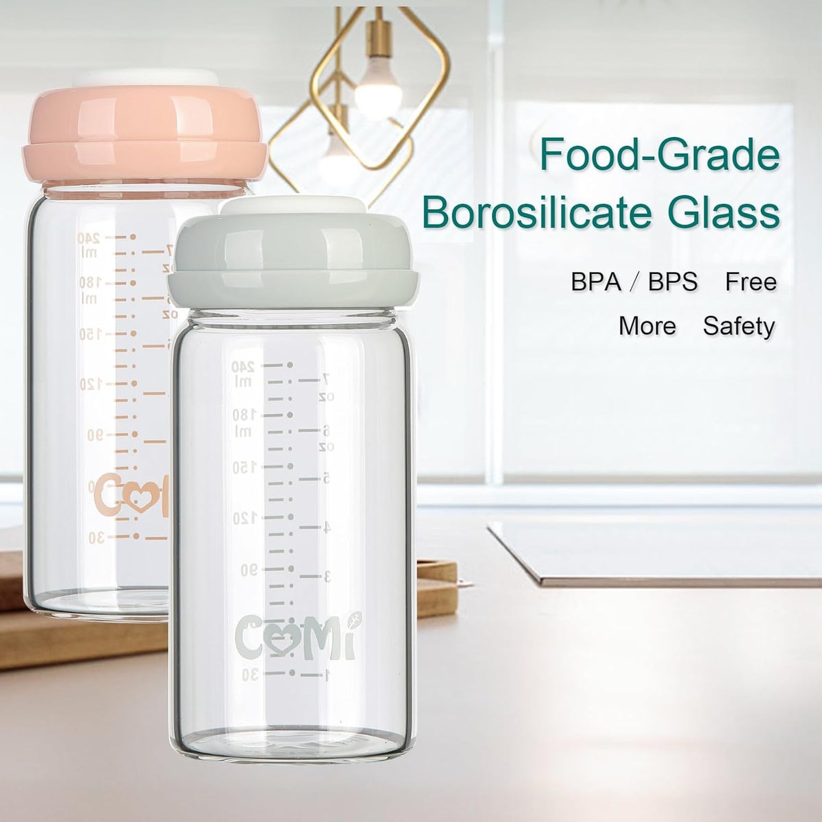COMI Wide Neck Glass Breastmilk Collection n Storage Bottle, 6 Packs, 8oz with Screw Ring Sealing