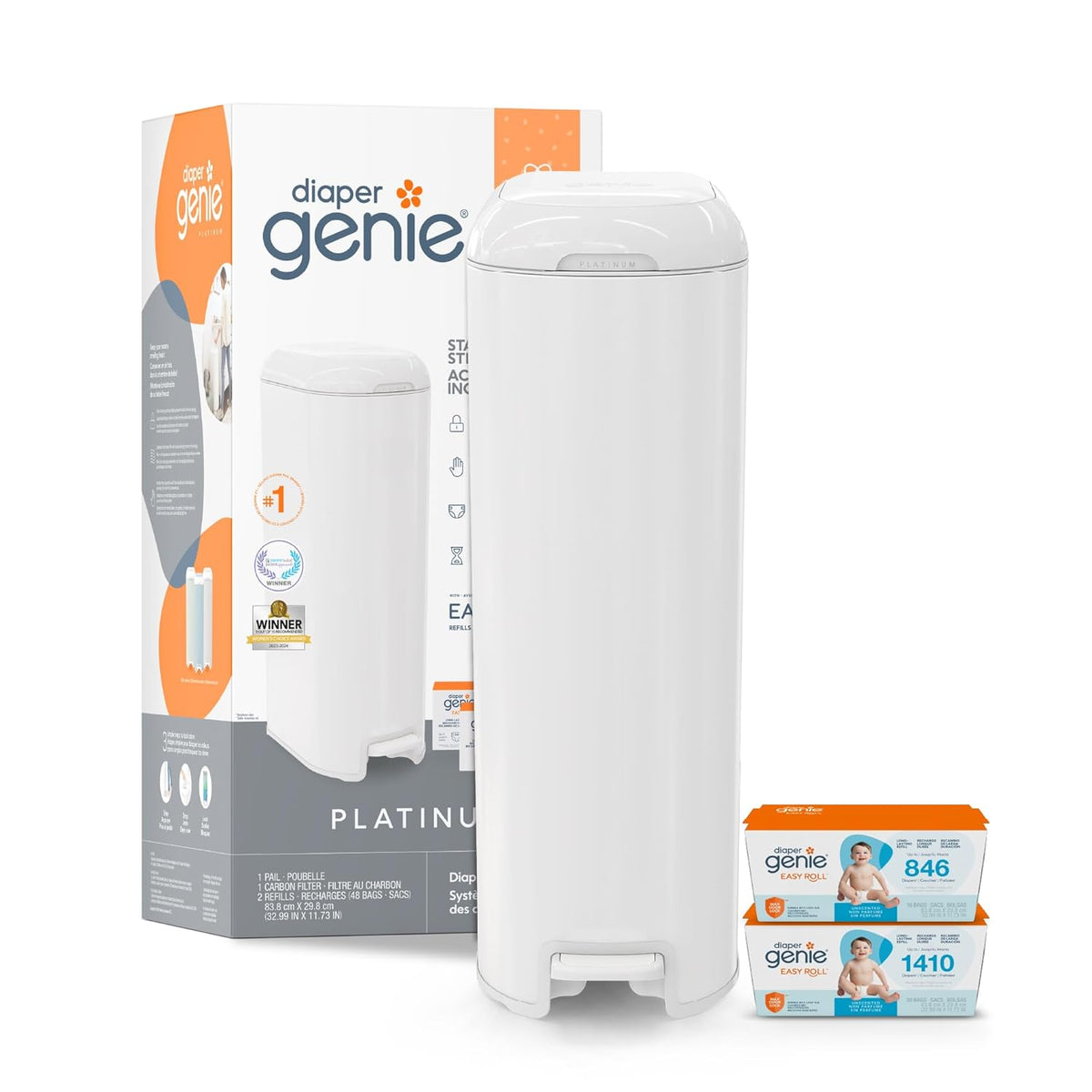 Diaper Genie Platinum Pail Gift Set, Lily White, Made of Durable Stainless Steel and Includes 2