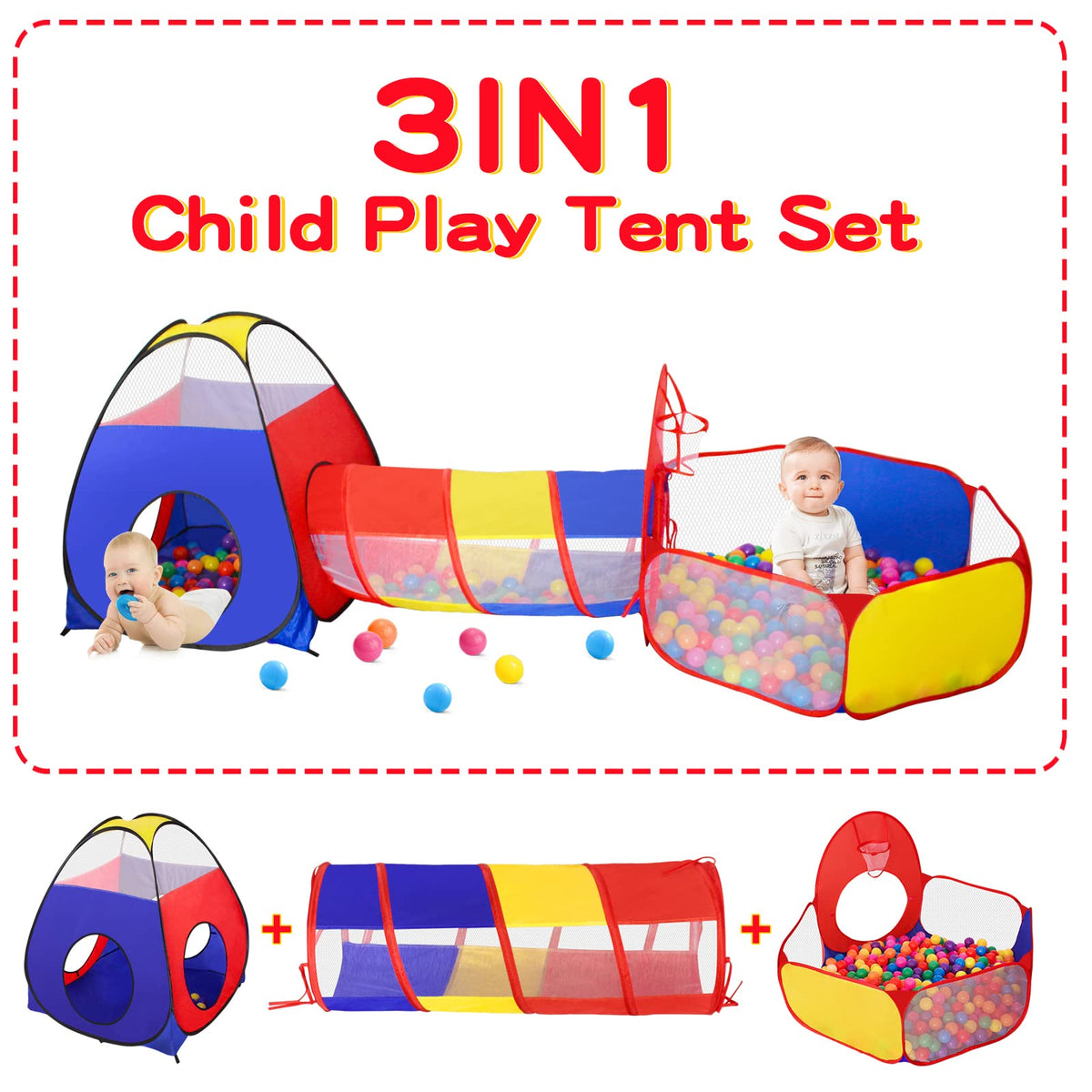GeerWest 3 in 1 Kids Play Tent for Toddler with Baby Ball Pit and Play Tunnel, Children Indoor