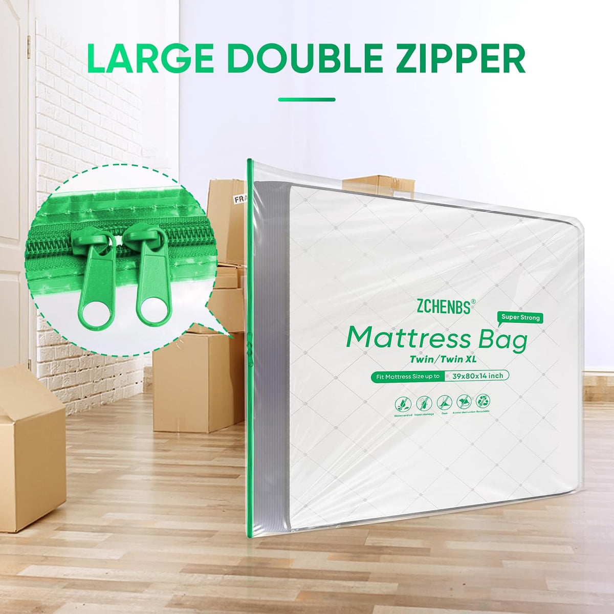 ZCHENBS® – Mattress Bags for Moving and Storage,Mattress Bag with Zippers,5 Mil Ultra-Thick Bed