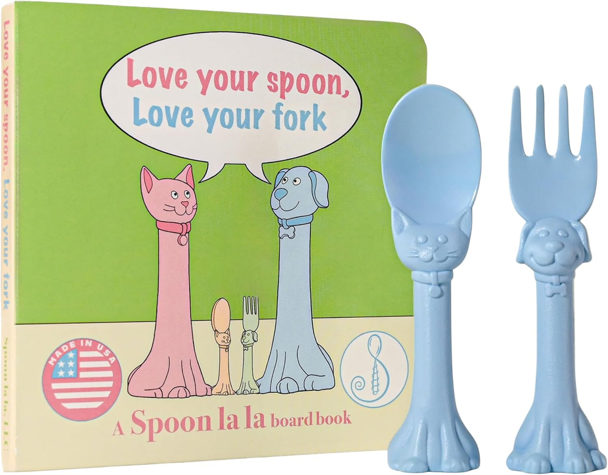 Made in USA Spoon la la Toddler Utensils Set (2 Pack) & Board Book - Spoon & Fork for Kids