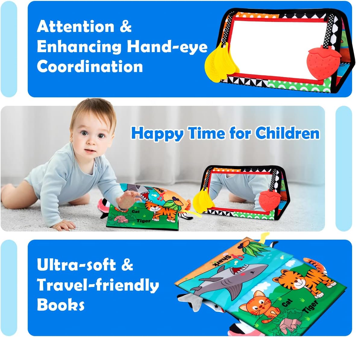 Baby Toys 0-6 Months - Tummy Time Toy Baby Mirror Infant Toys with Cloth Book - Black and White