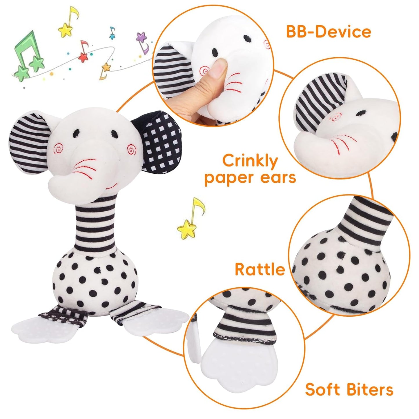 Black & White Elephant Baby Toys 0-12 Months - Plush Sensory Rattle with Teether, Wind Chime, BB