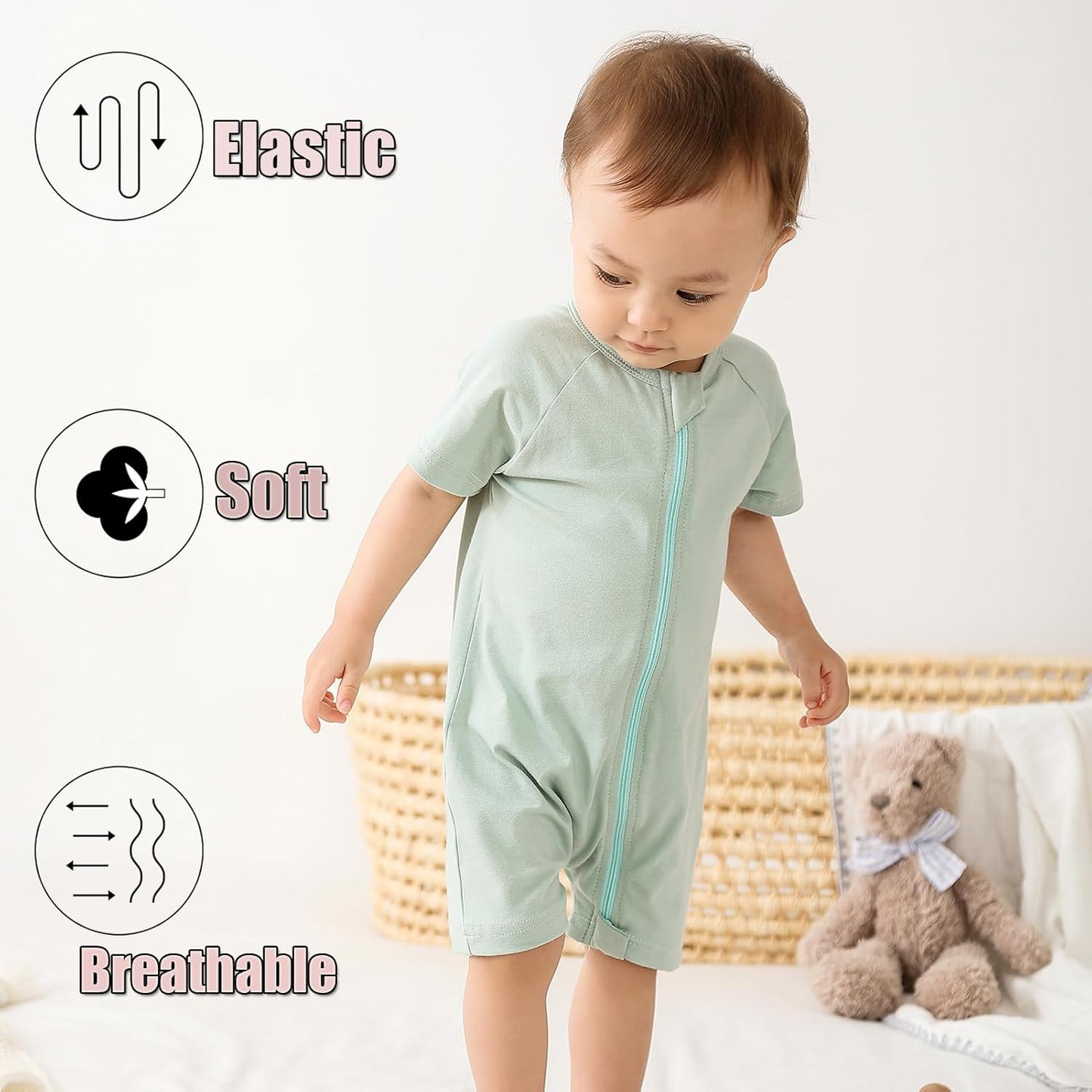 Feidoog Baby Boys 2Pack Rompers Summer Short Sleeve 2 Way Zipper One-Piece Romper Jumpsuit Sleep