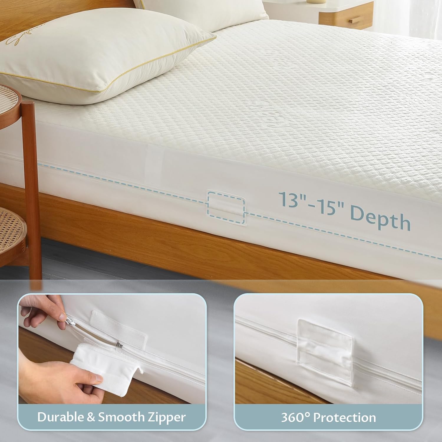 Queen Size Mattress Protector with Zipper - 100% Waterproof Zippered Mattress Cover - Soft &