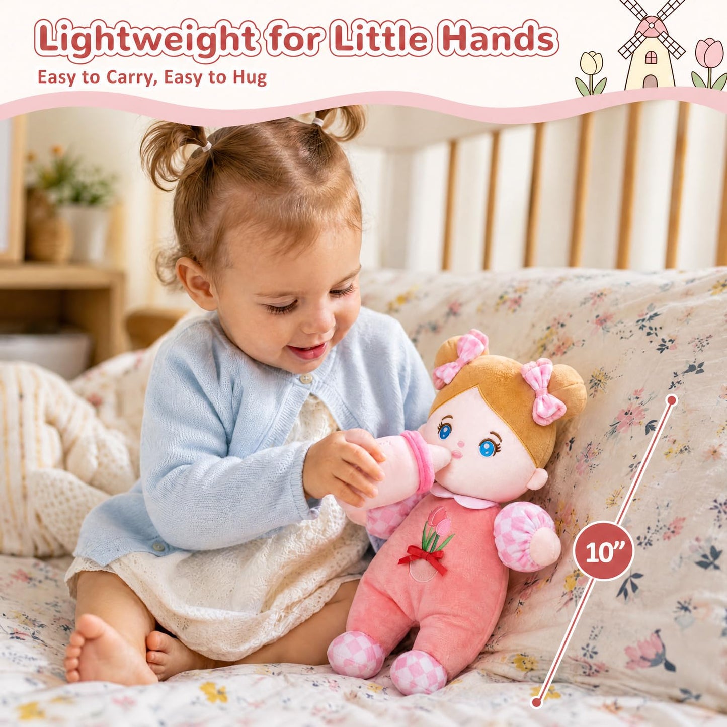 OUOZZZ Soft Plush Baby Doll 10" Tulip Pink Snuggle Buddy