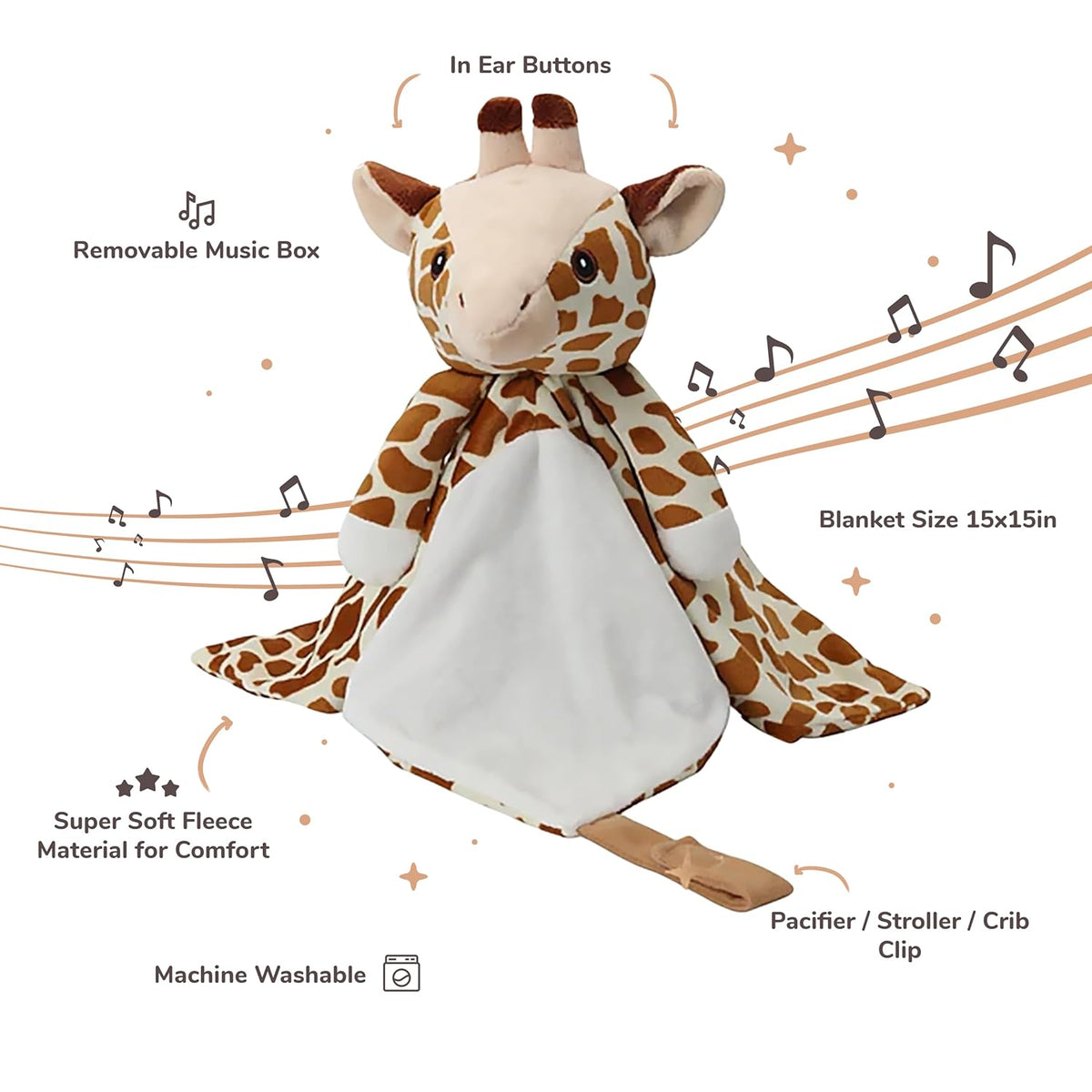 Love By Emi Baby Music Lovey Brown Giraffe, Baby Sleep Soother for Crib & Cuddle Bedtime, White