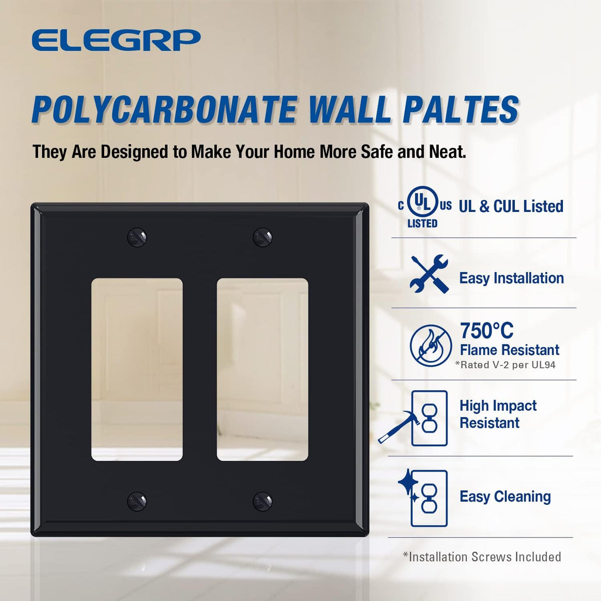 ELEGRP 2-Gang Decorative Wall Plates, Mid-Size 4.88" H x 4.94" L Unbreakable Thermoplastic