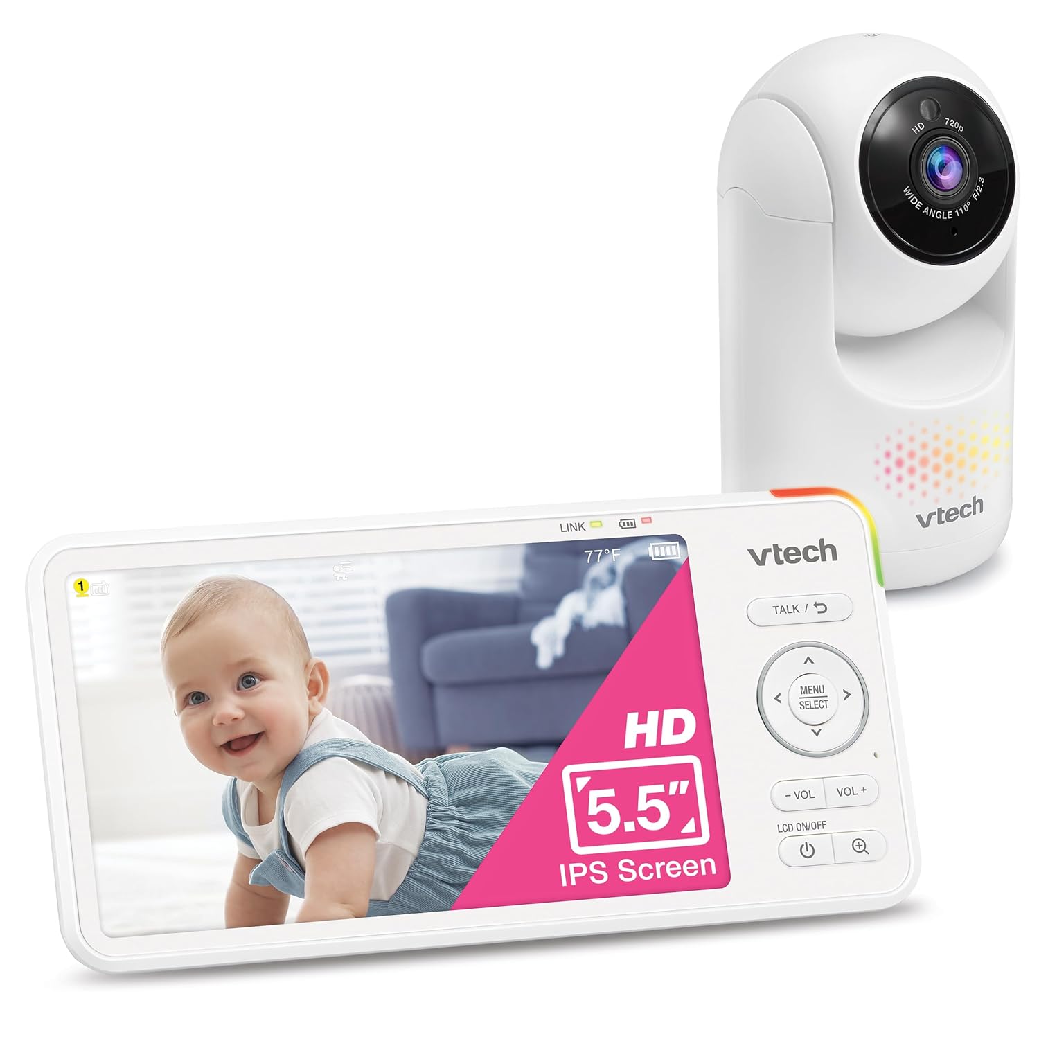 VTech 5.5" IPS Screen 720P Video Baby Monitor with Camera and Audio, Pan-Tilt-Zoom, Night Light
