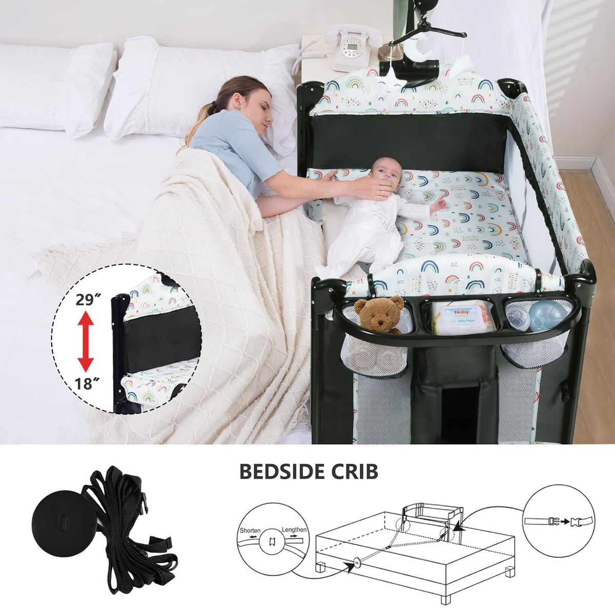 Kinder King 4 in 1 Portable Nursery Center, Foldable Baby Bedside Crib w/Bassinet, Infant Pack n