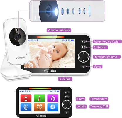 Baby Monitor Video Baby Monitor with Camera and Audio No WiFi 5" LCD Screen, Two-Way Audio, Night