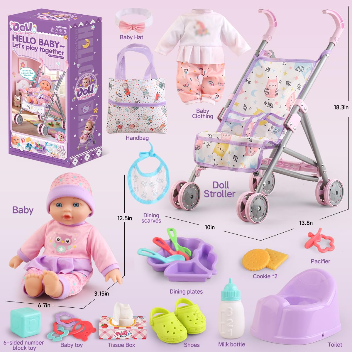Baby Doll with Stroller Set for Realistic Pretend Play for 3 4 5 6 7 Year Old Toddler Girls Gifts.