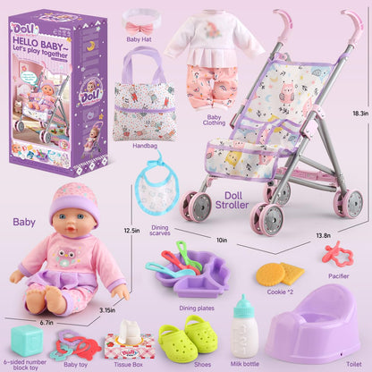 Baby Doll with Stroller Set for Realistic Pretend Play for 3 4 5 6 7 Year Old Toddler Girls Gifts.