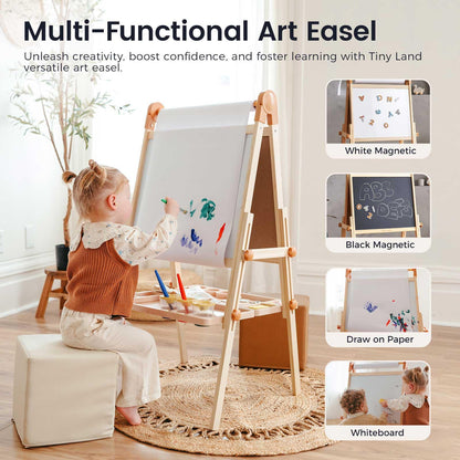 Tiny Land Foldable Wooden Art Easel for Kids, with Chalkboard & Whiteboard