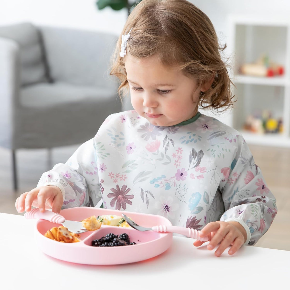 Bumkins Toddler Utensils, Kids Fork and Spoon Set, Silicone and Stainless-Steel Silverware, Angled
