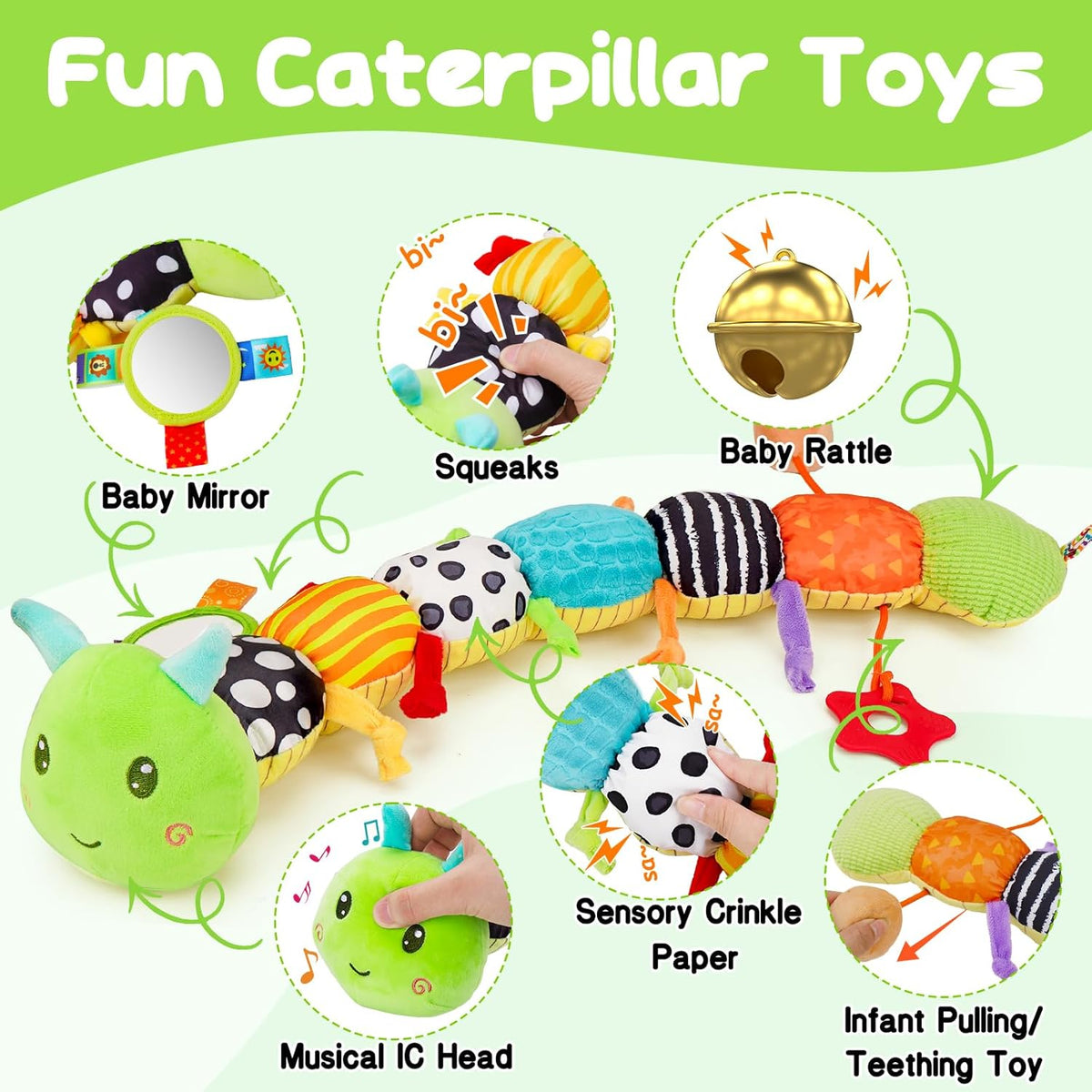 Baby Sensory Toy 0-6 Month Music Animal Stuffed Plush Caterpillar Toy for Infant 0-3-6 Month Tummy