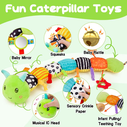 Baby Sensory Toy 0-6 Month Music Animal Stuffed Plush Caterpillar Toy for Infant 0-3-6 Month Tummy