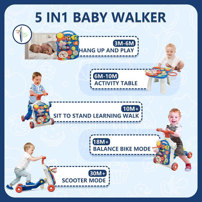 QDRAGON 5 in 1 Push Walkers for Baby Boys, Toddler Learning to Walk, Sit to Stand Walker, Early