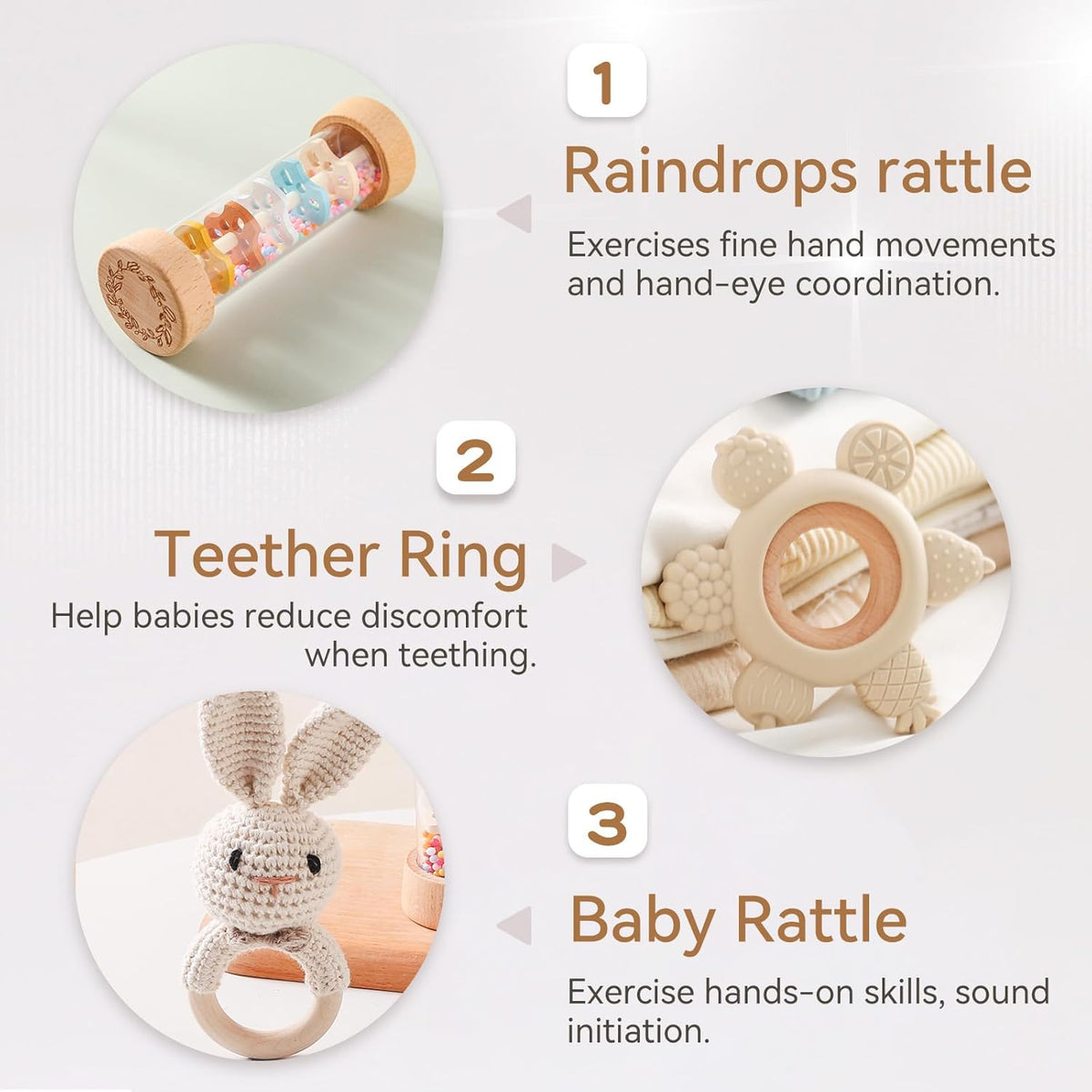 Youuys Wooden Baby Rattle Set (3pcs) - Crochet Rattle Rain Stick Teething Toys, Wooden Montessori