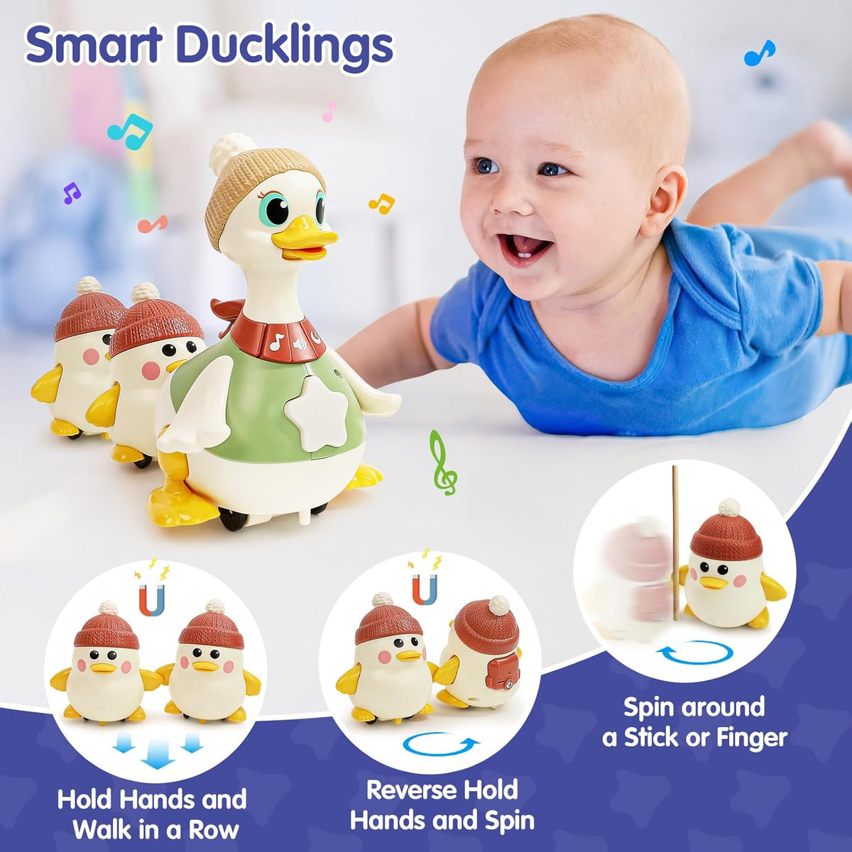 HOLA Baby Toys 6-12 Months Musical Dancing Duck Toy Set with Mama and Babys Tummy Time Toys