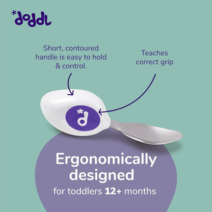 doddl Toddler Utensils, Ergonomic Fork Spoon and Knife Set for Self Feeding, Stainless Steel