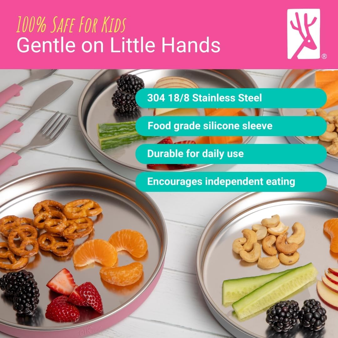 Elk and Friends 7.8” Stainless Steel Non Divided Plates with Silicone Sleeve + Storage Lid | Baby