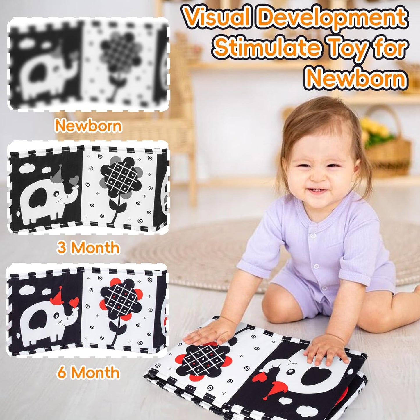 Cawgug Black and White High Contrast Baby Toys for Newborn Brain Development Tummy Time Soft Book