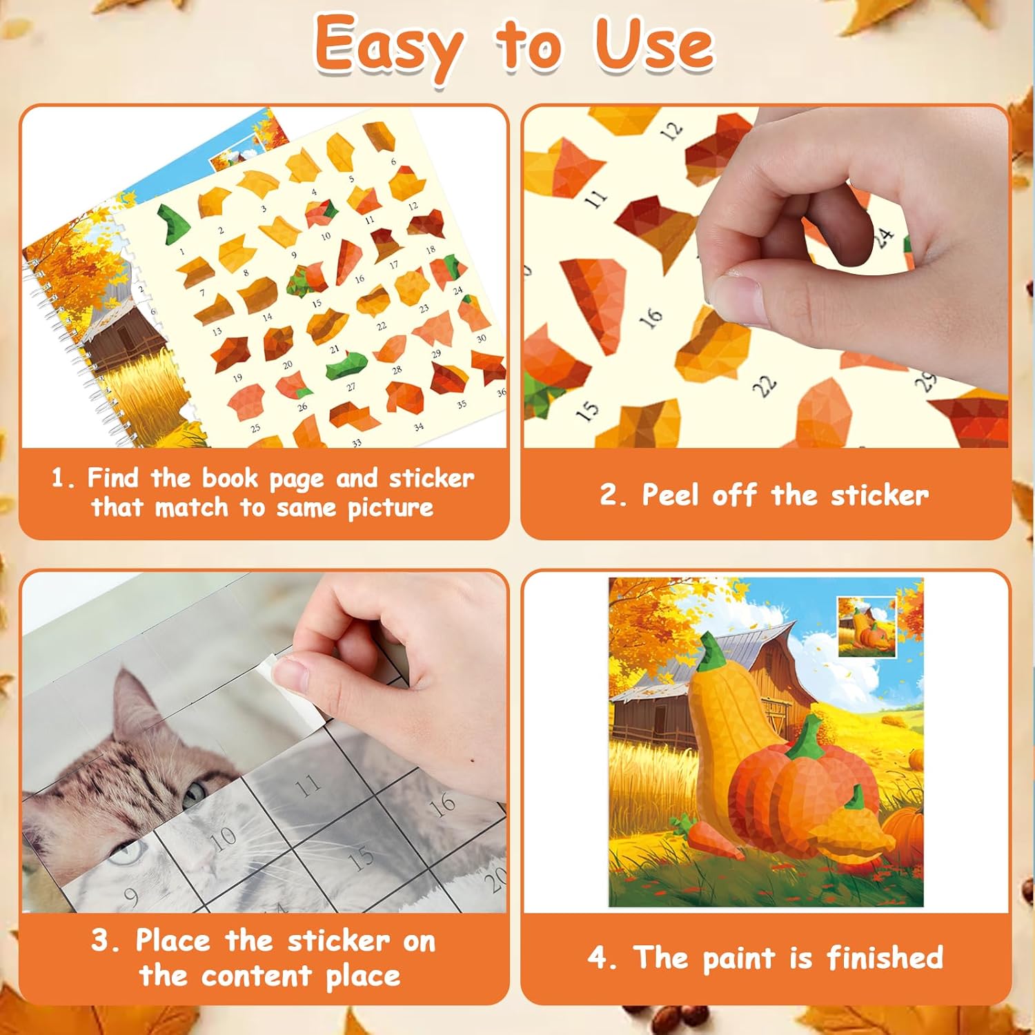 4PCS Thanksgiving Paint by Sticker Books Crafts for Kids Ages 4-8 Fall Sticker by Number Books