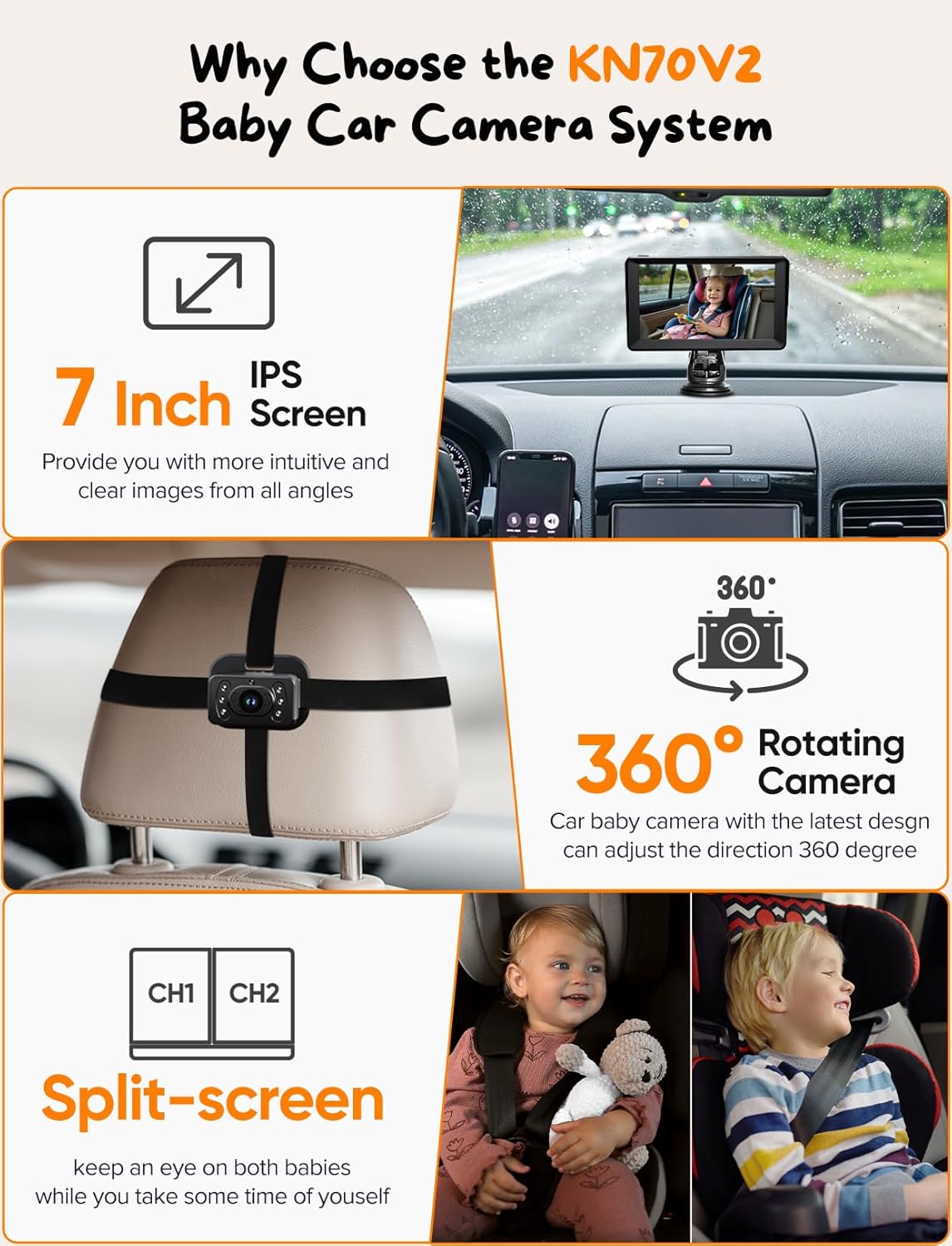 Baby Car Camera for 2 Kids - 7 Inch HD1080P Split Screen Baby Monitor with Dual Backseat Camera