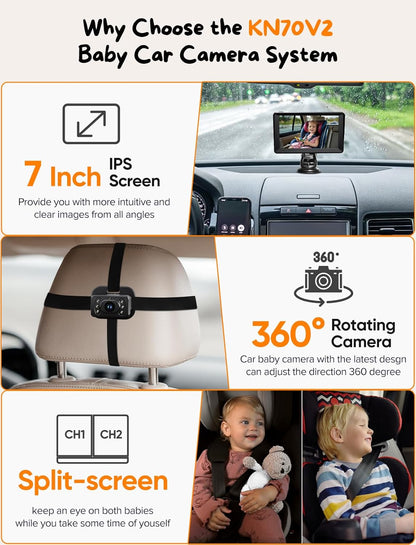 Baby Car Camera for 2 Kids - 7 Inch HD1080P Split Screen Baby Monitor with Dual Backseat Camera