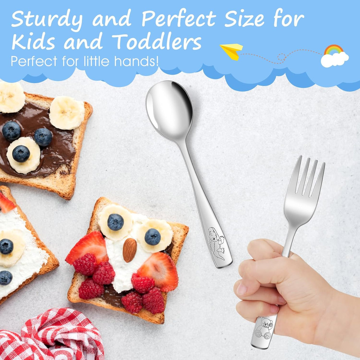 14-Piece Toddler Flatware, Kids Utensils Stainless Steel Cutlery Set, Children Safe Spoons and