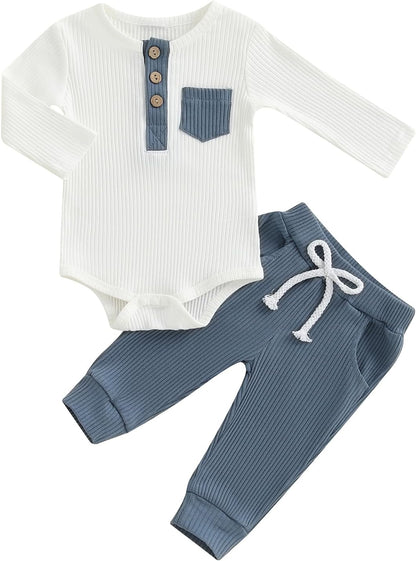 fhutpw Baby Boy Clothes 3 6 12 18 Months Ribbed Knitted Long Sleeve Romper and Pants Sets Newborn