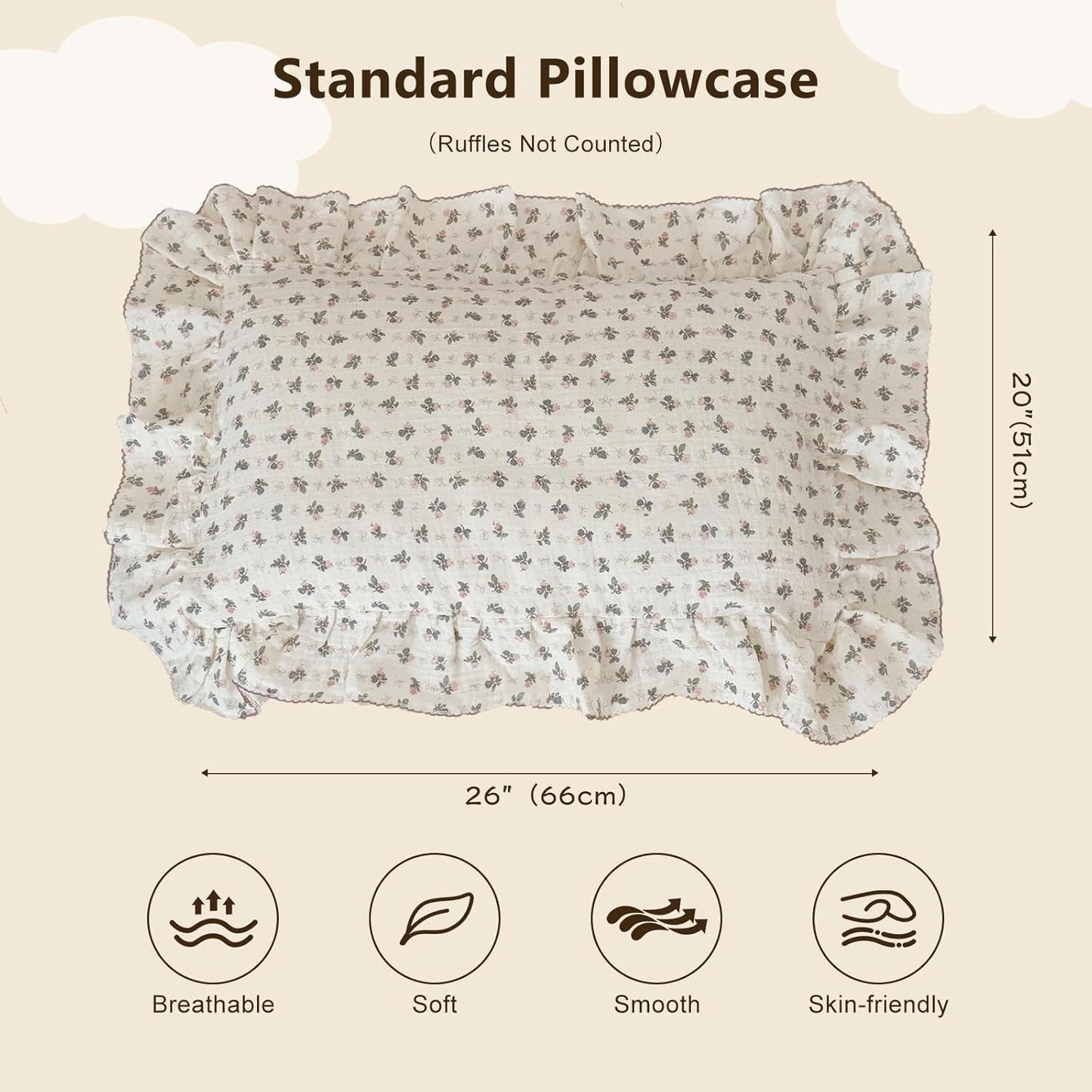 BuLuTu Muslin Cotton Kids Pillowcase Standard Size, 20"x26", Pink Bellflower Print Pillow Covers