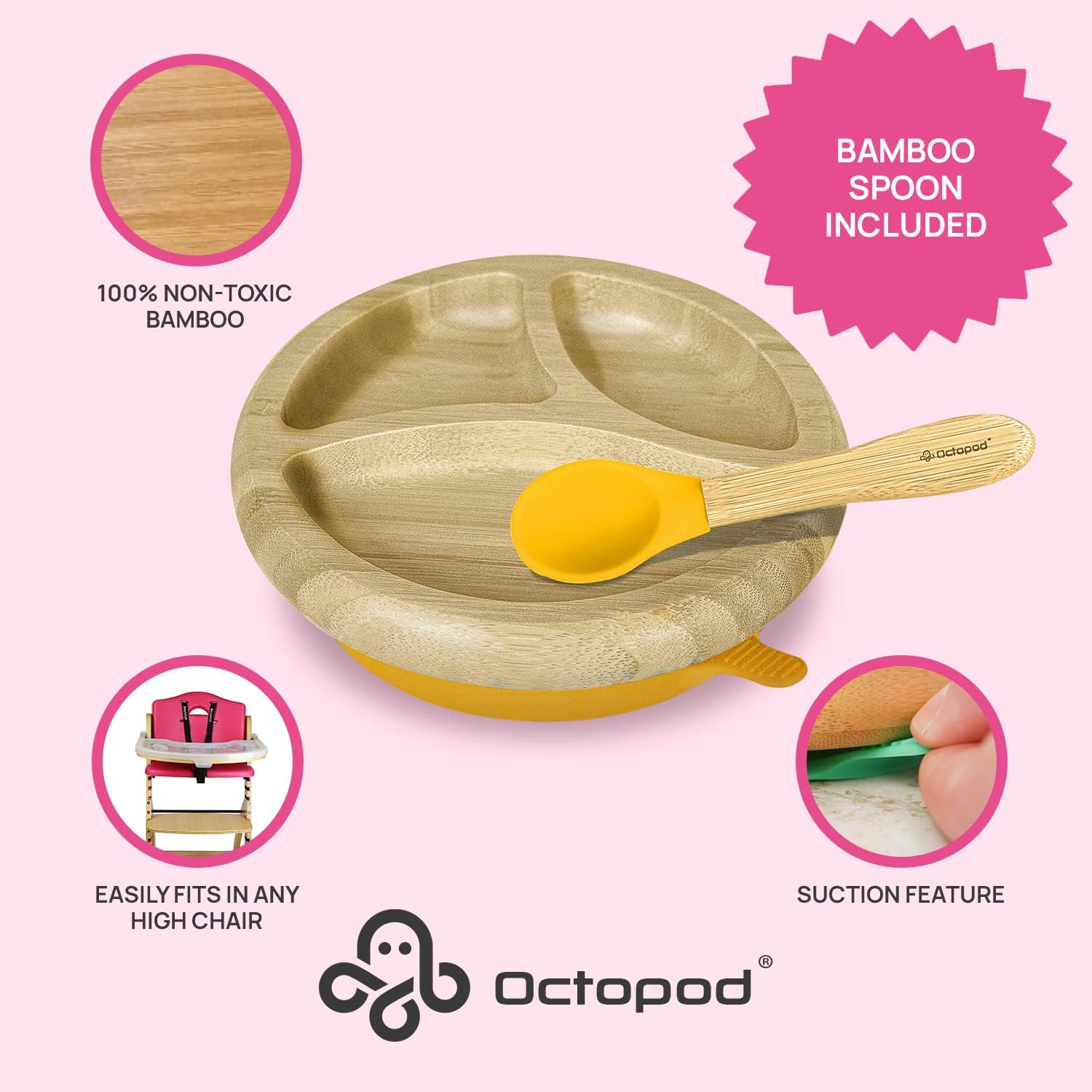 Abiie Octopod Bamboo Dish - Kids Plates for 4 months and up, 3-Compartment Baby Plates with