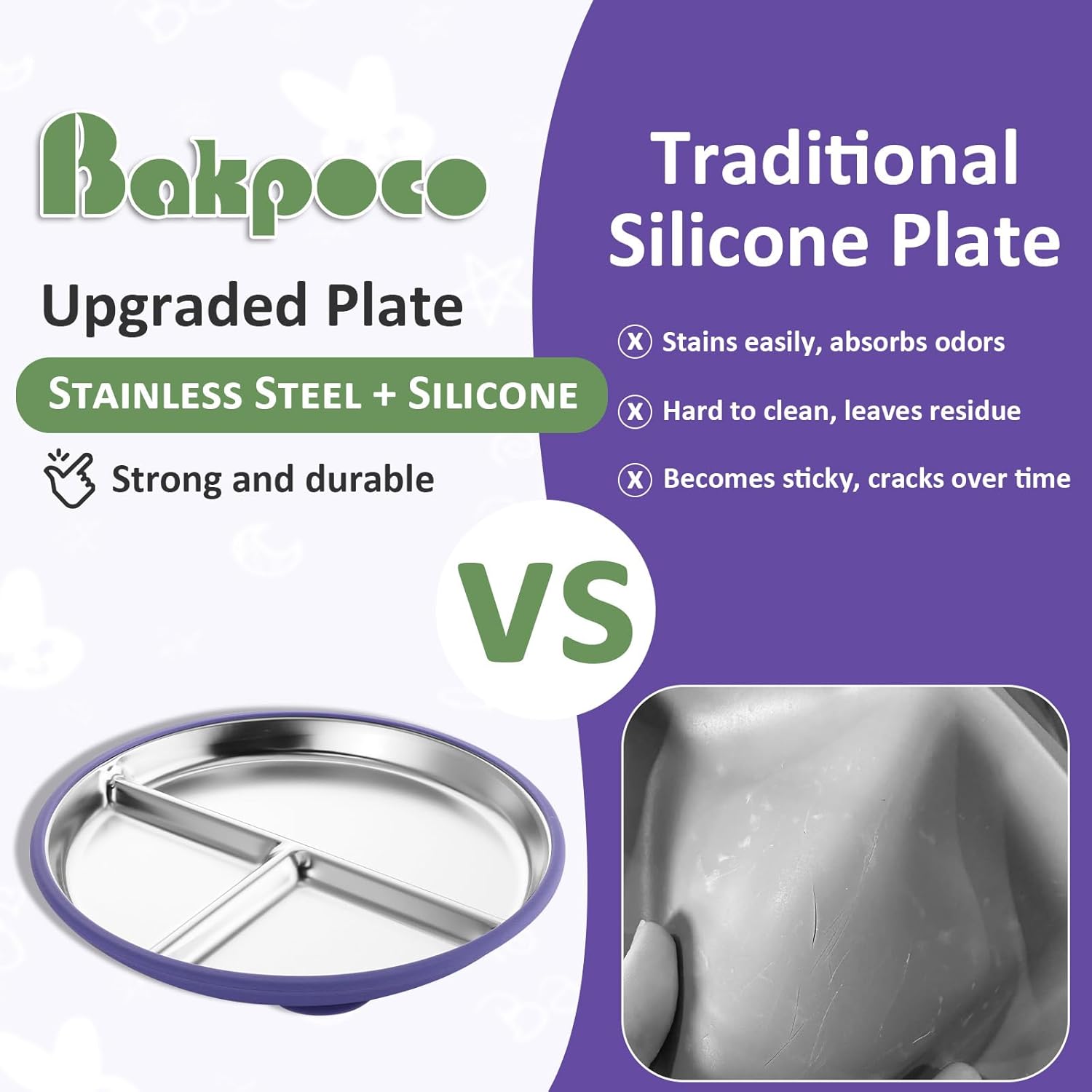 Stainless Steel Suction Plates for Toddlers, 9" Divided Kids Baby Plates with Removable Silicone