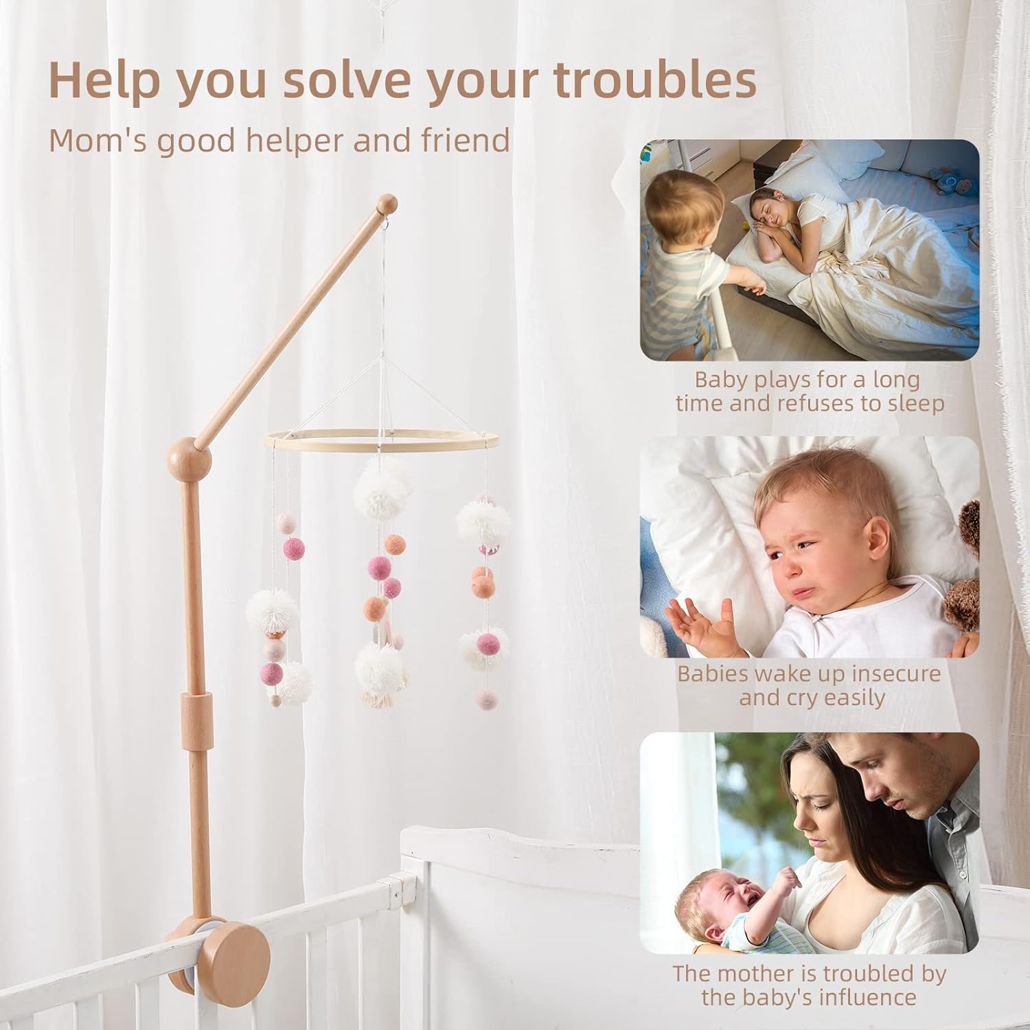 Baby Crib Mobile Arm - Wooden Baby Mobile Crib Holder 31 inch for Mobile Hanging Baby Crib