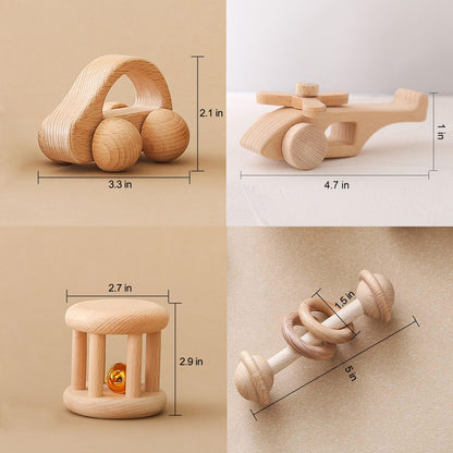 Wooden Baby Rattle Set - Montessori Grip Toy for Newborns, Natural Wood Gift Set of 3